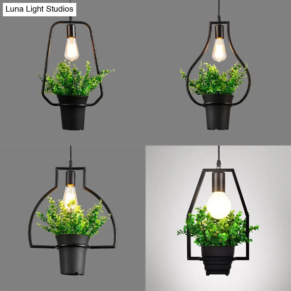 Industrial Style Metal Pendant Lamp With Hanging Frame Ideal For Balcony – Black Finish
