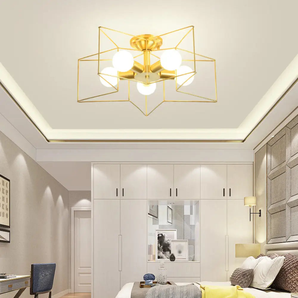 Industrial Style Metal Star Cage Flush Mount In Gold - Bedroom Ceiling Lighting 5 /
