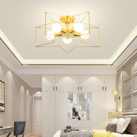 Industrial Style Metal Star Cage Flush Mount In Gold - Bedroom Ceiling Lighting 5 /