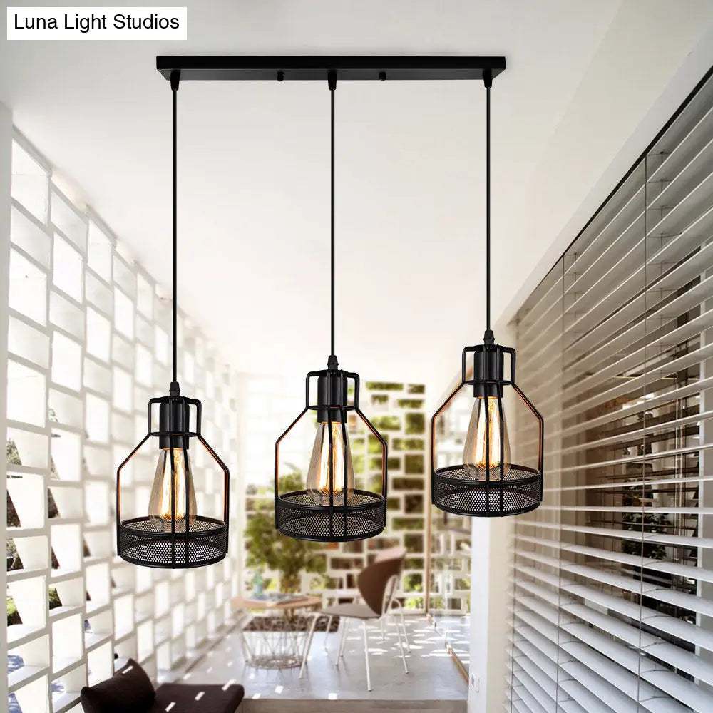 Industrial Style Metallic Black Wire Cage Pendant Light With 3 Heads - Perfect For Foyer Suspension