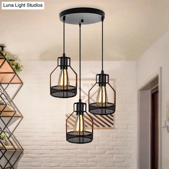 Industrial Style Metallic Black Wire Cage Pendant Light With 3 Heads - Perfect For Foyer Suspension