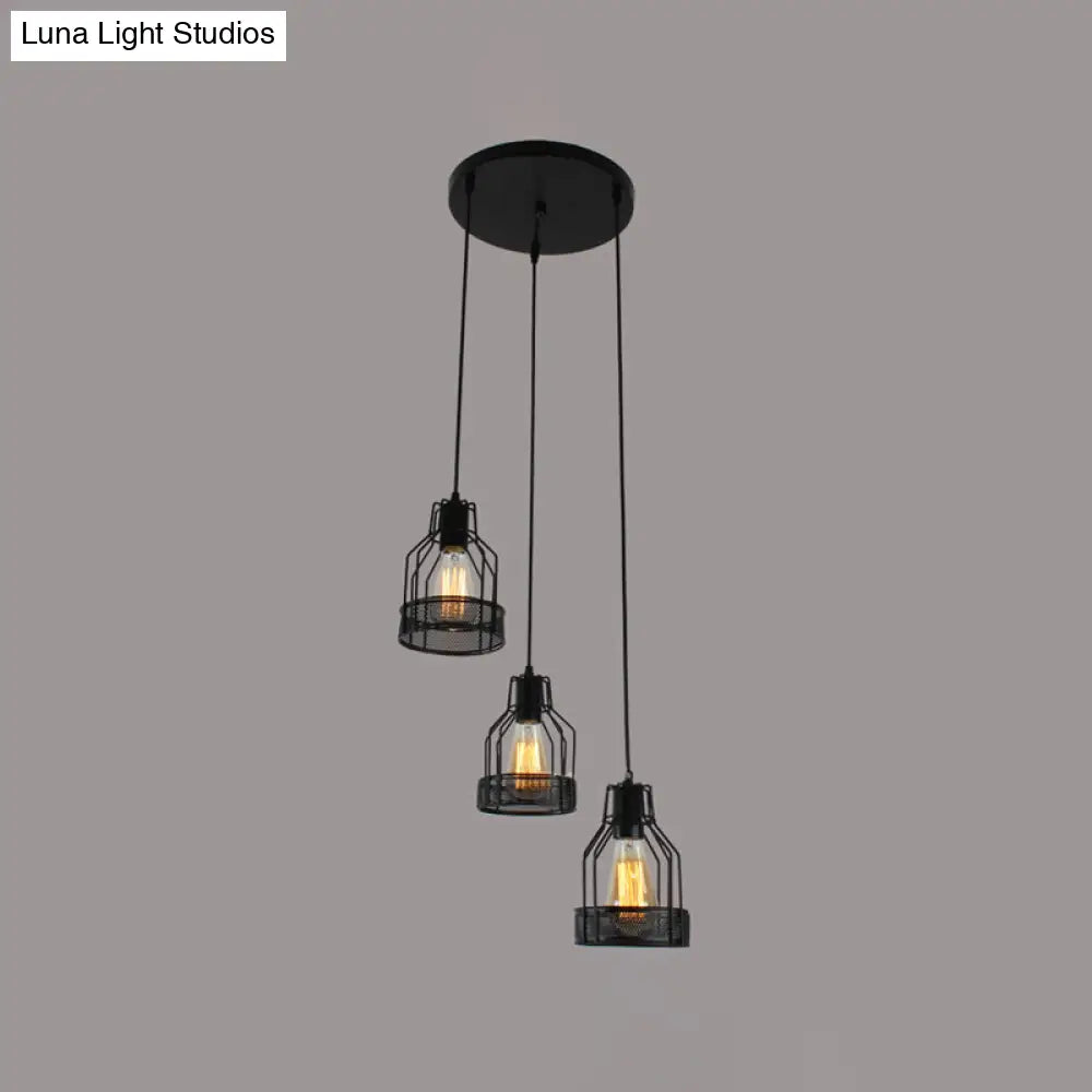 Industrial Style Metallic Black Wire Cage Pendant Light With 3 Heads - Perfect For Foyer Suspension
