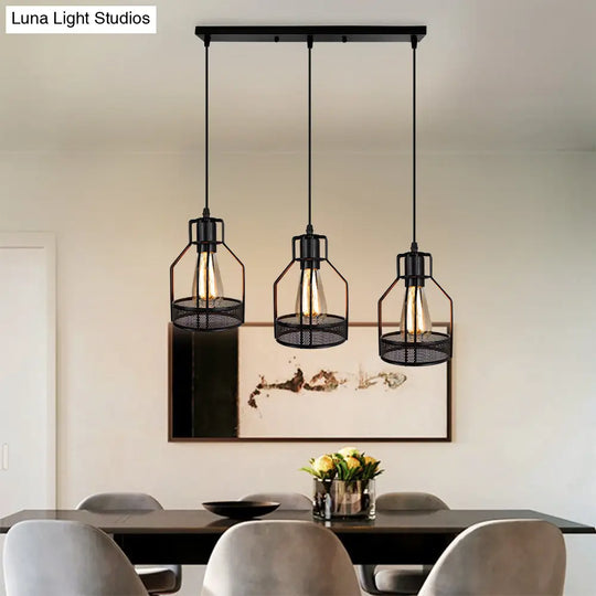 Industrial Style Metallic Black Wire Cage Pendant Light With 3 Heads - Perfect For Foyer Suspension