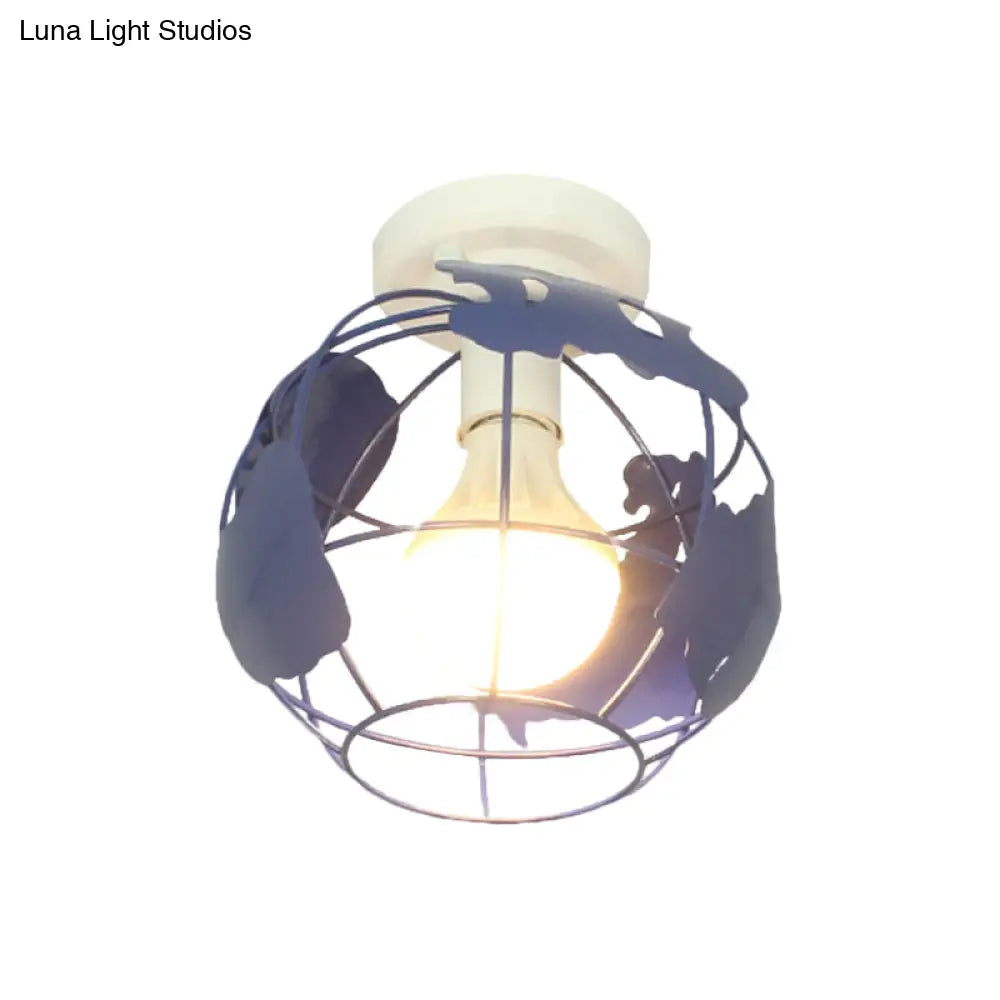 Industrial Style Metallic Flush Mount Light With Cage Shade - 1 Head Corridor Ceiling In Black/Red
