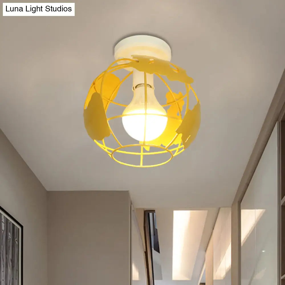 Industrial Style Metallic Flush Mount Light With Cage Shade - 1 Head Corridor Ceiling In Black/Red