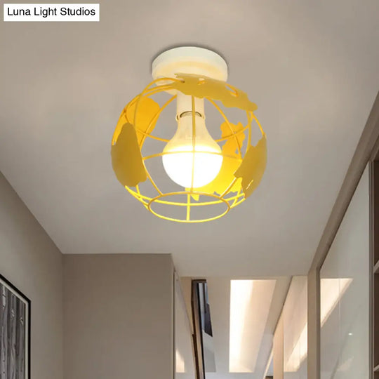 Industrial Style Metallic Flush Mount Light With Cage Shade - 1 Head Corridor Ceiling In Black/Red