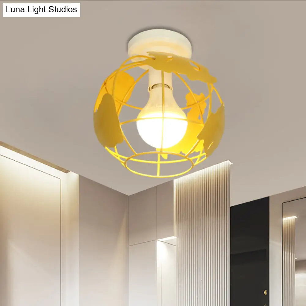 Industrial Style Metallic Flush Mount Light With Cage Shade - 1 Head Corridor Ceiling In Black/Red