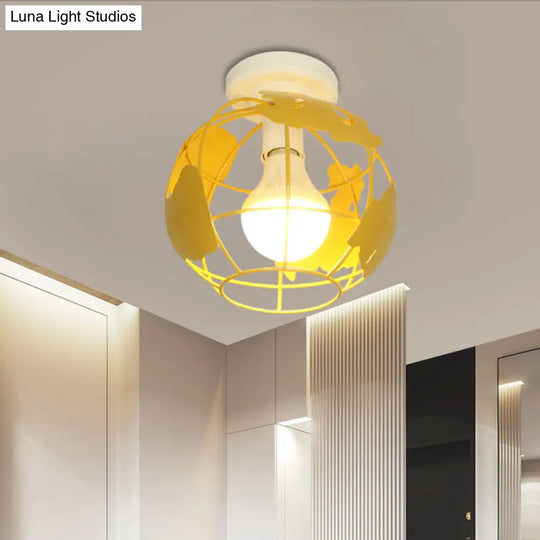 Industrial Style Metallic Flush Mount Light With Cage Shade - 1 Head Corridor Ceiling In Black/Red