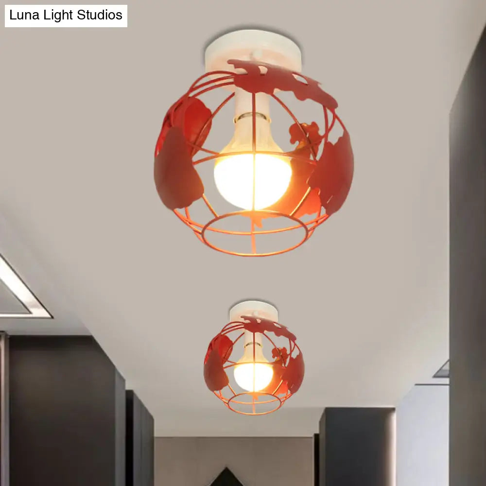 Industrial Style Metallic Flush Mount Light With Cage Shade - 1 Head Corridor Ceiling In Black/Red
