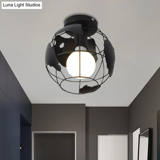 Industrial Style Metallic Flush Mount Light With Cage Shade - 1 Head Corridor Ceiling In Black/Red