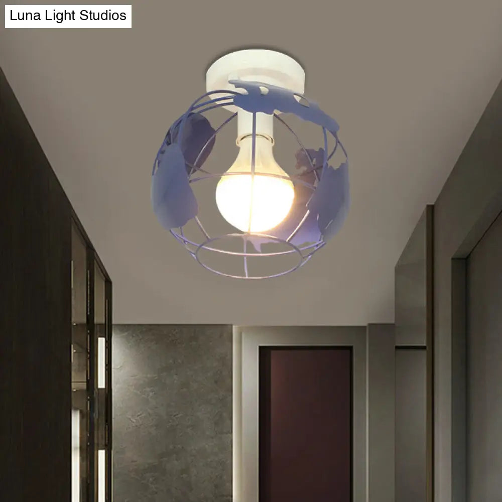 Industrial Style Metallic Flush Mount Light With Cage Shade - 1 Head Corridor Ceiling In Black/Red