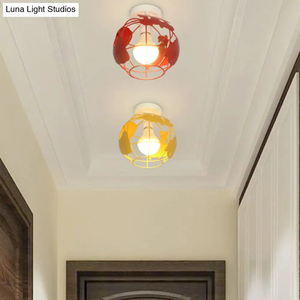 Industrial Style Metallic Flush Mount Light With Cage Shade - 1 Head Corridor Ceiling In Black/Red