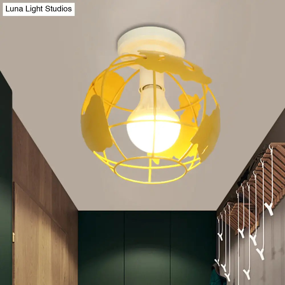 Industrial Style Metallic Flush Mount Light With Cage Shade - 1 Head Corridor Ceiling In Black/Red
