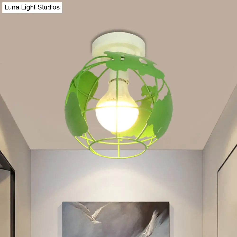 Industrial Style Metallic Flush Mount Light With Cage Shade - 1 Head Corridor Ceiling In Black/Red