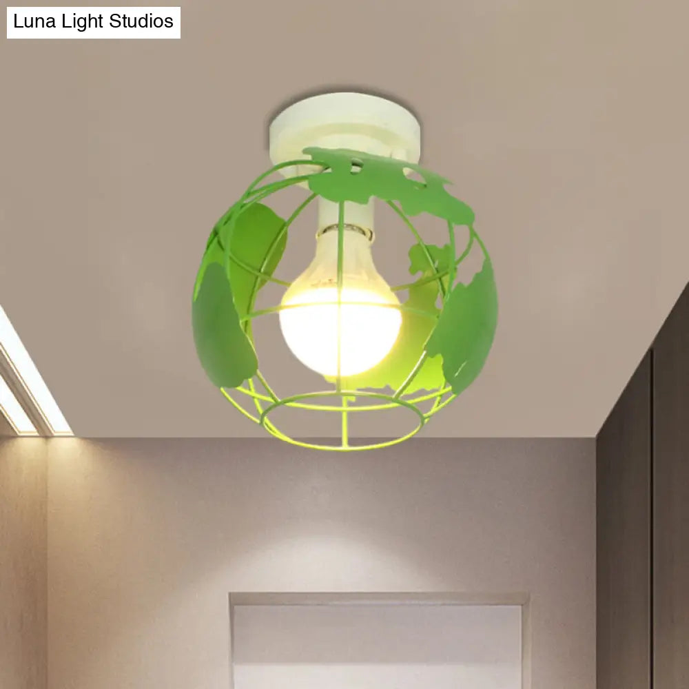 Industrial Style Metallic Flush Mount Light With Cage Shade - 1 Head Corridor Ceiling In Black/Red