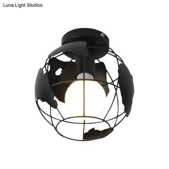 Industrial Style Metallic Flush Mount Light With Cage Shade - 1 Head Corridor Ceiling In Black/Red