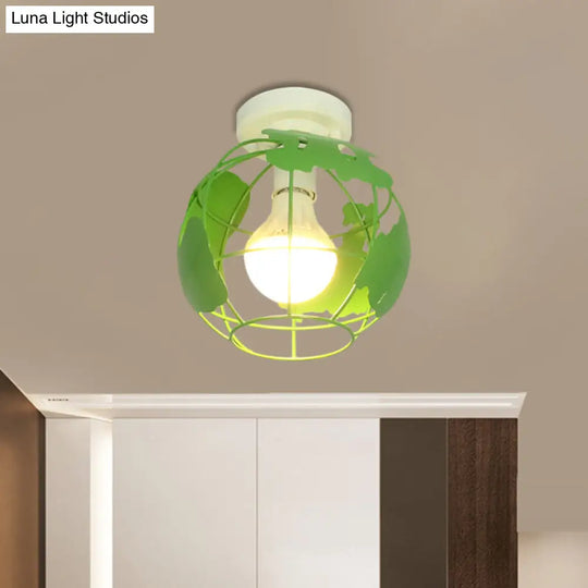 Industrial Style Metallic Flush Mount Light With Cage Shade - 1 Head Corridor Ceiling In Black/Red