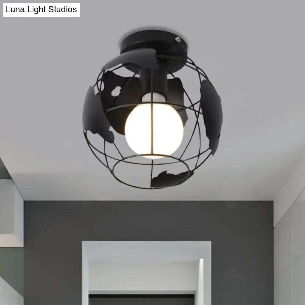 Industrial Style Metallic Flush Mount Light With Cage Shade - 1 Head Corridor Ceiling In Black/Red