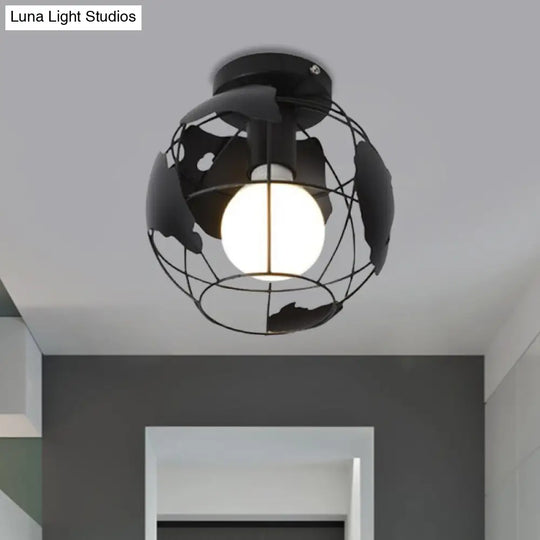 Industrial Style Metallic Flush Mount Light With Cage Shade - 1 Head Corridor Ceiling In Black/Red