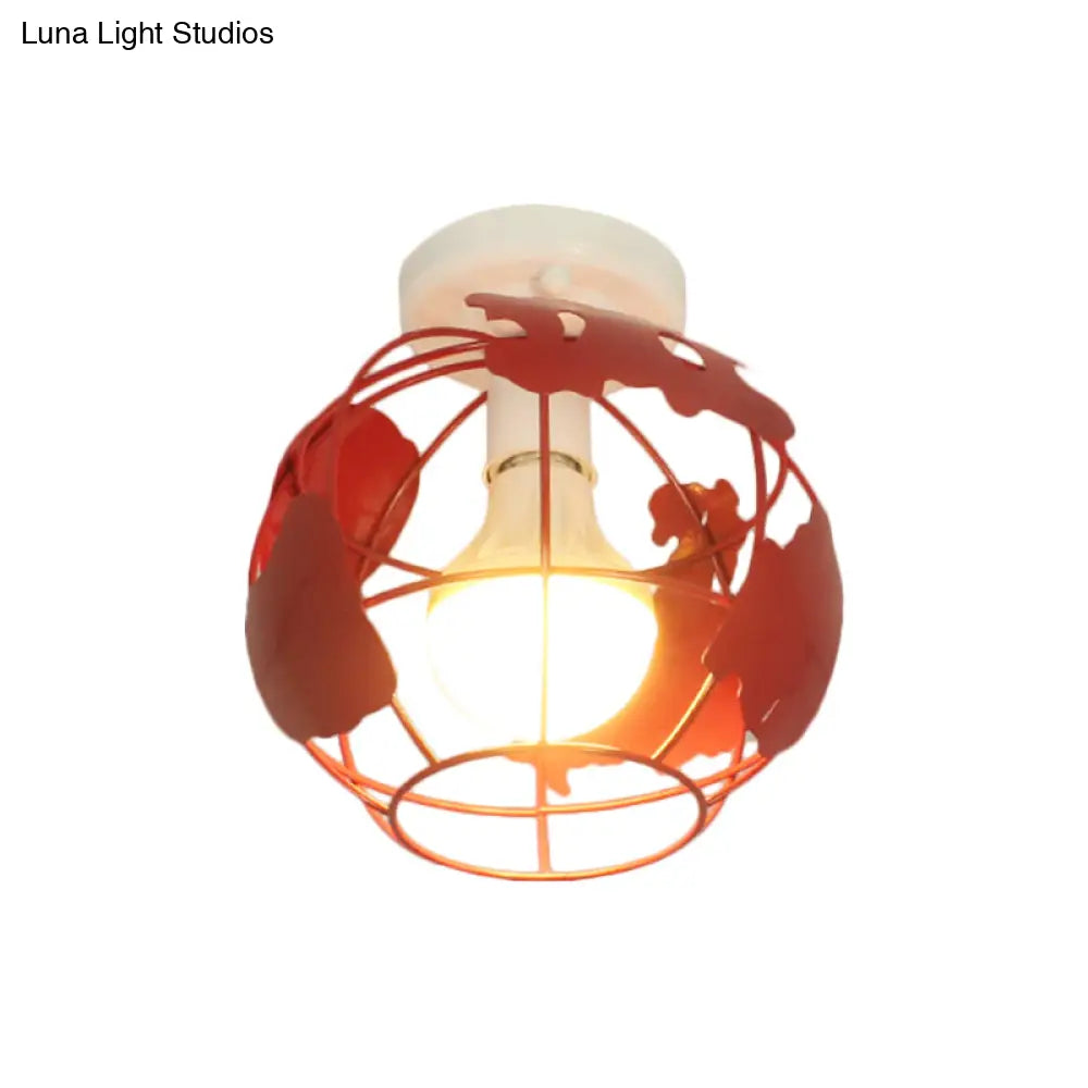 Industrial Style Metallic Flush Mount Light With Cage Shade - 1 Head Corridor Ceiling In Black/Red