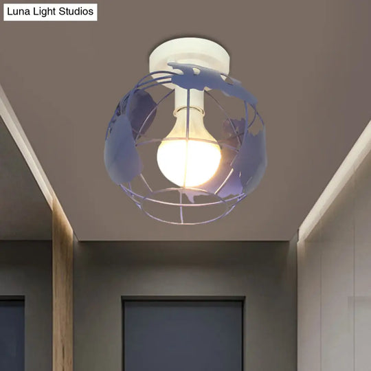 Industrial Style Metallic Flush Mount Light With Cage Shade - 1 Head Corridor Ceiling In Black/Red