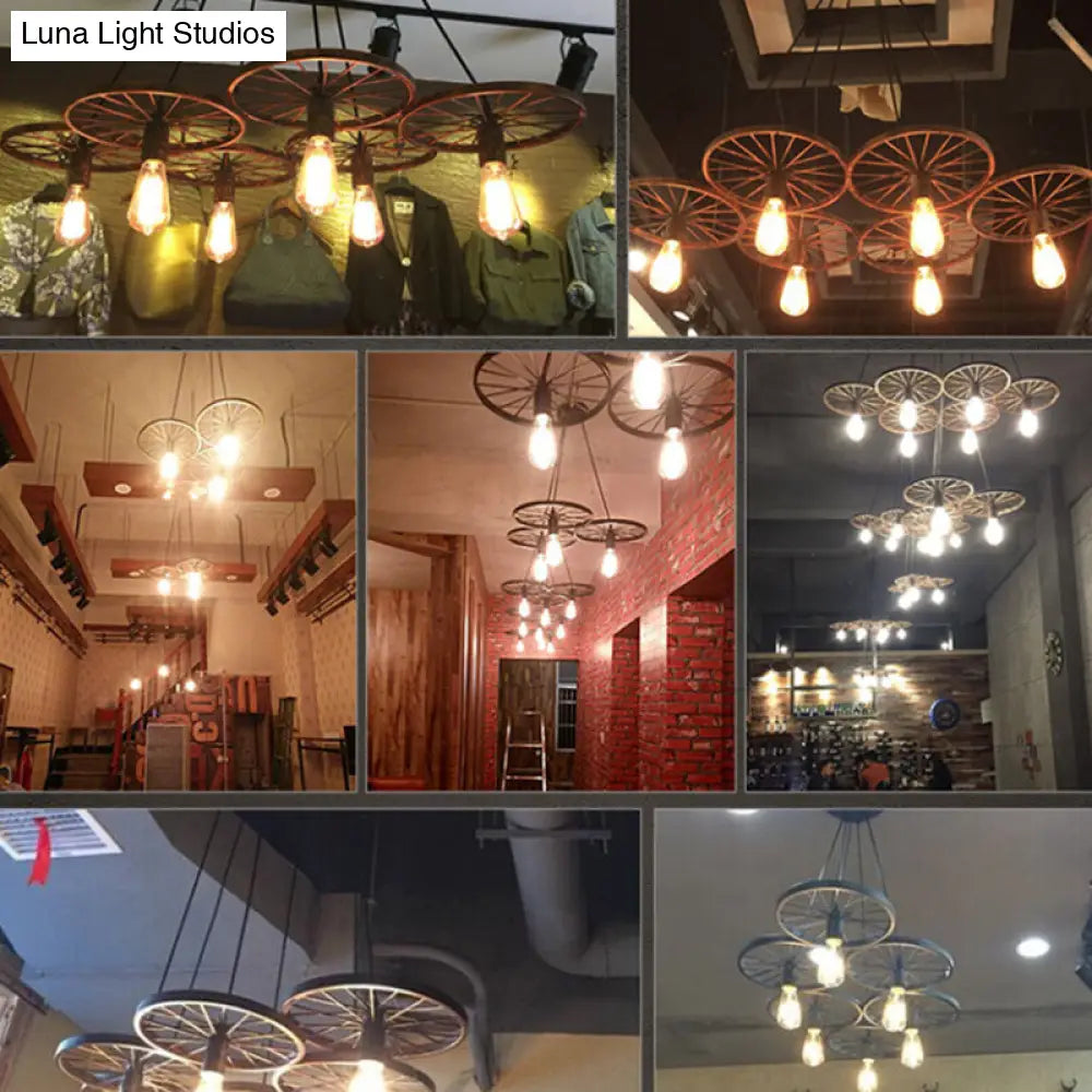 Metallic Industrial Style Multi-Light Pendant With Wheel Design Perfect For Restaurants