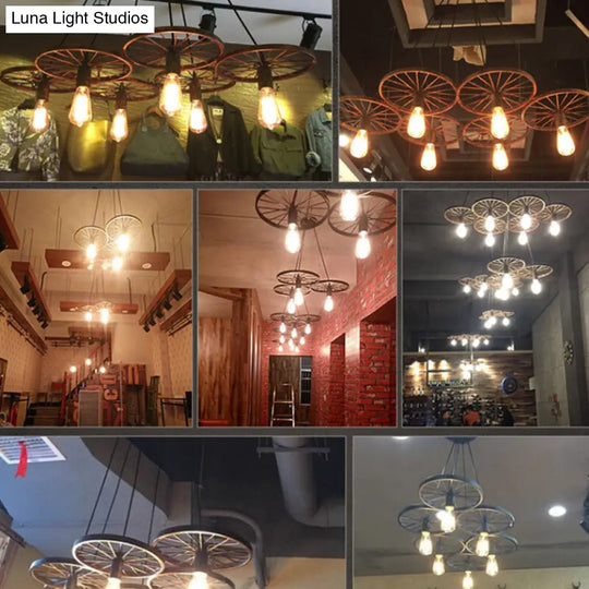 Metallic Industrial Style Multi-Light Pendant With Wheel Design Perfect For Restaurants