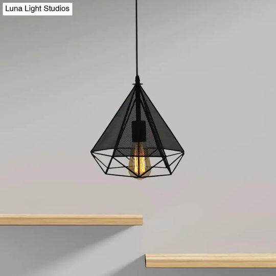 Industrial Style Black Diamond Pendant Lamp With Mesh Screen - Metallic Bulb Indoor Lighting