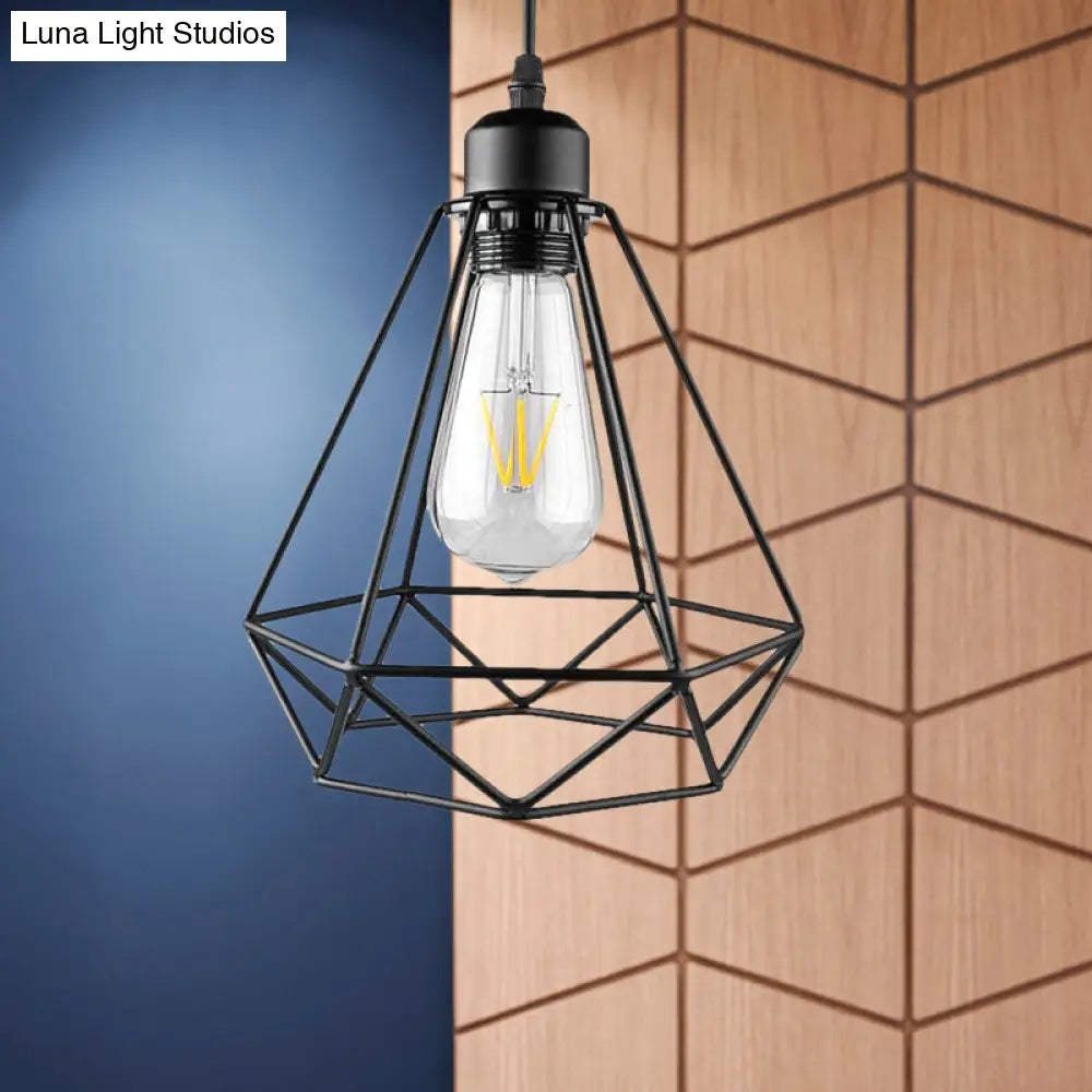 Industrial Style Mini Pendant Light - Black/Bronze Metal Cage Shade Over Table Black