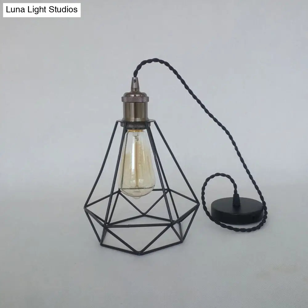 Industrial Style Mini Pendant Light - Black/Bronze Metal Cage Shade Over Table