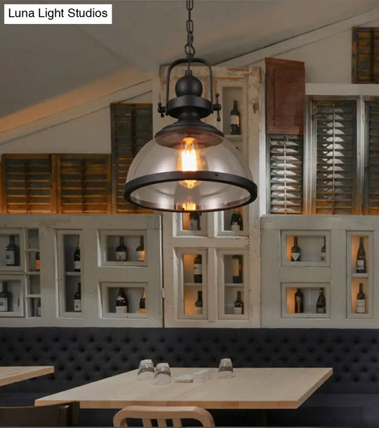 Industrial Style Pot Lid Pendant Lamp With Clear Glass Ceiling Fixture In Black