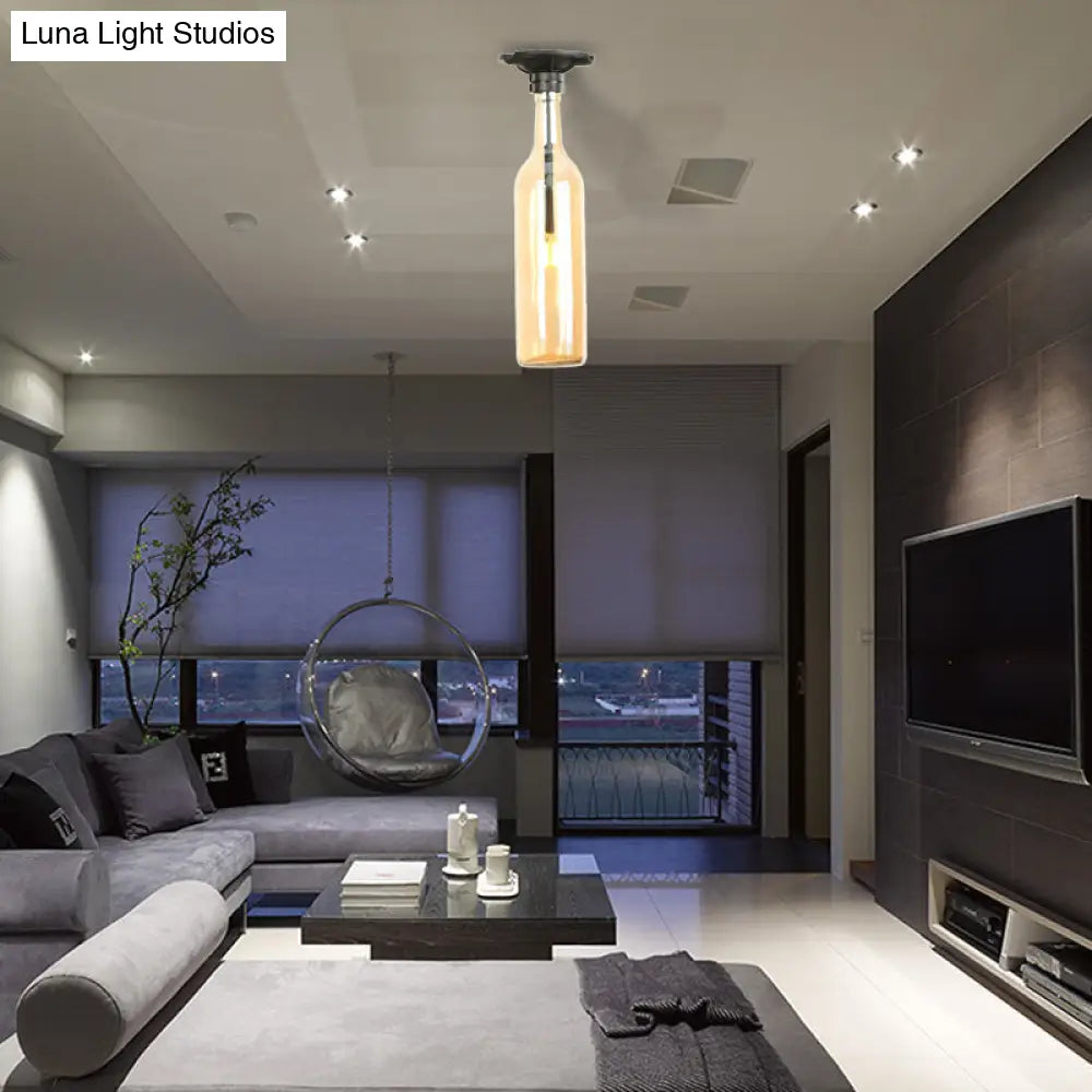 Industrial Style Semi-Flush Mount Light With Bottle Glass Shade - Stylish Living Room Lighting Amber