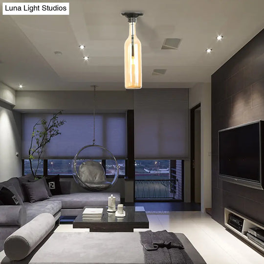 Industrial Style Semi-Flush Mount Light With Bottle Glass Shade - Stylish Living Room Lighting Amber