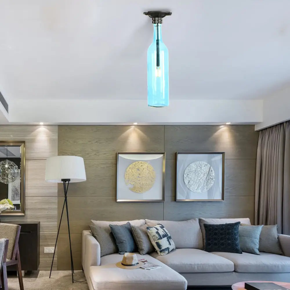 Industrial Style Semi-Flush Mount Light With Bottle Glass Shade - Stylish Living Room Lighting Blue