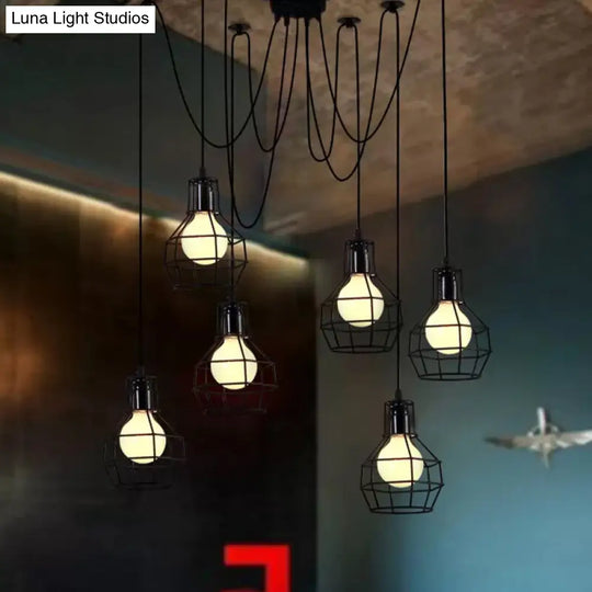 Industrial Spider Pendant Light - 6 Bulbs Black/Gold Iron Wire Guard Dining Room Ceiling Lamp Black