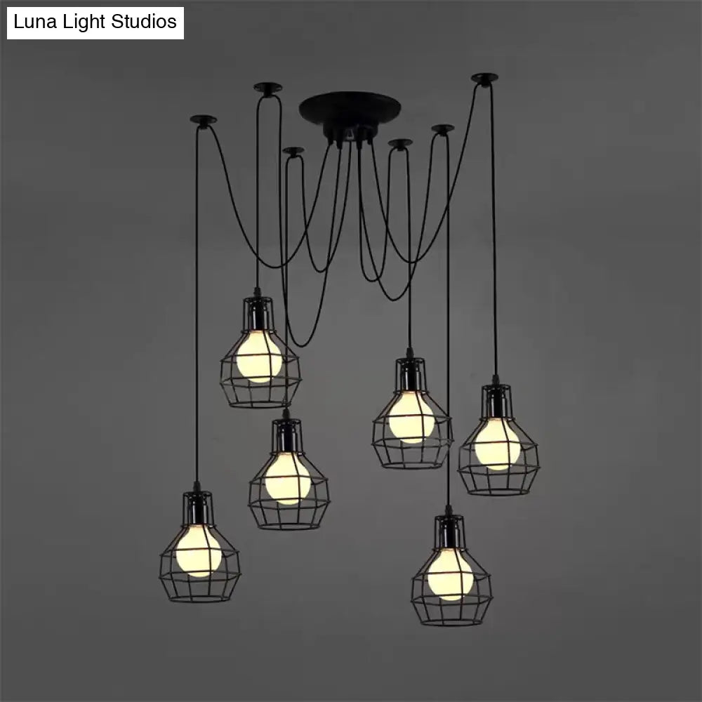 Industrial Spider Pendant Light - 6 Bulbs Black/Gold Iron Wire Guard Dining Room Ceiling Lamp