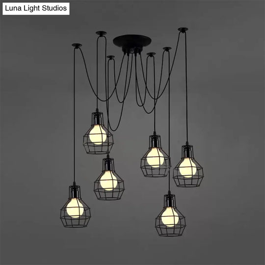 Industrial Spider Pendant Light - 6 Bulbs Black/Gold Iron Wire Guard Dining Room Ceiling Lamp