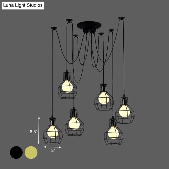 Industrial Spider Pendant Light - 6 Bulbs Black/Gold Iron Wire Guard Dining Room Ceiling Lamp