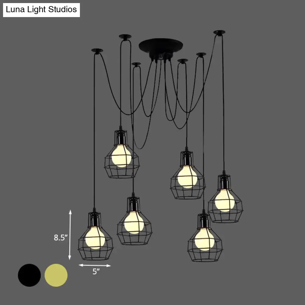 Industrial Style Spider Pendant Hanging Light - 6 Bulbs Black/Gold Iron Dining Room Ceiling Lamp