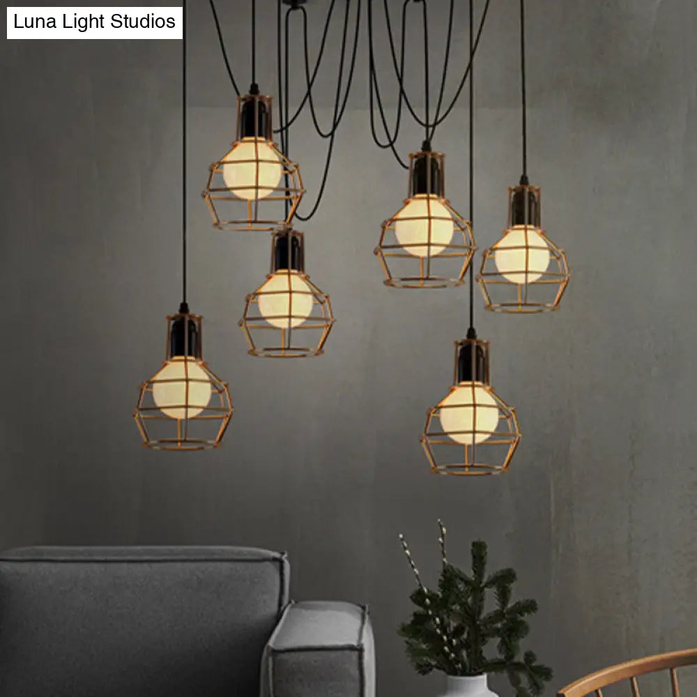 Industrial Spider Pendant Light - 6 Bulbs Black/Gold Iron Wire Guard Dining Room Ceiling Lamp