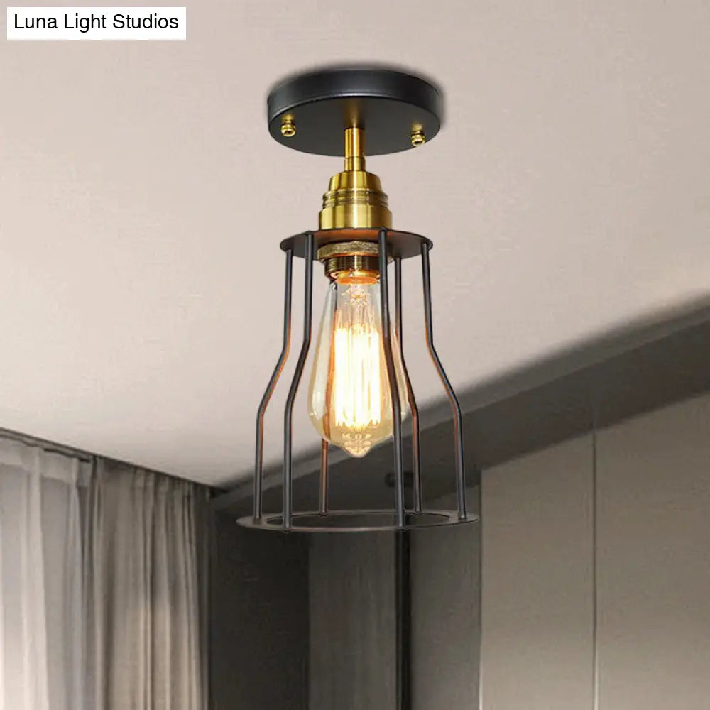 Industrial Style Wire Guard Ceiling Light - Metallic Semi Flush Brass/Antique Brass Hallway Lighting