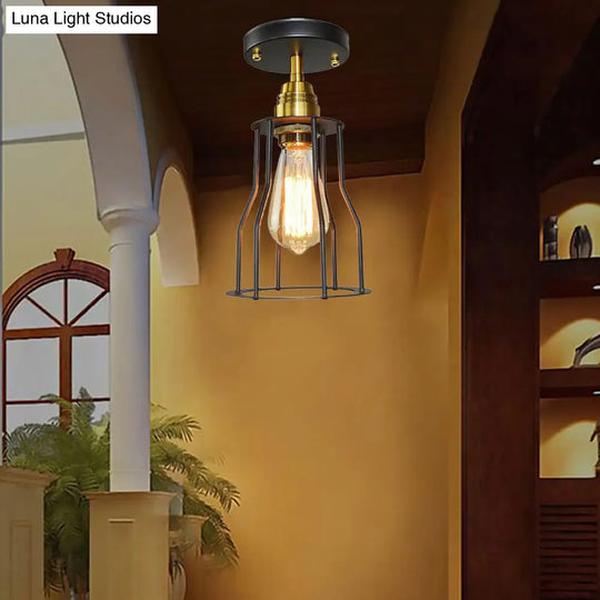 Industrial Style Wire Guard Ceiling Light - Metallic Semi Flush Brass/Antique Brass Hallway Lighting
