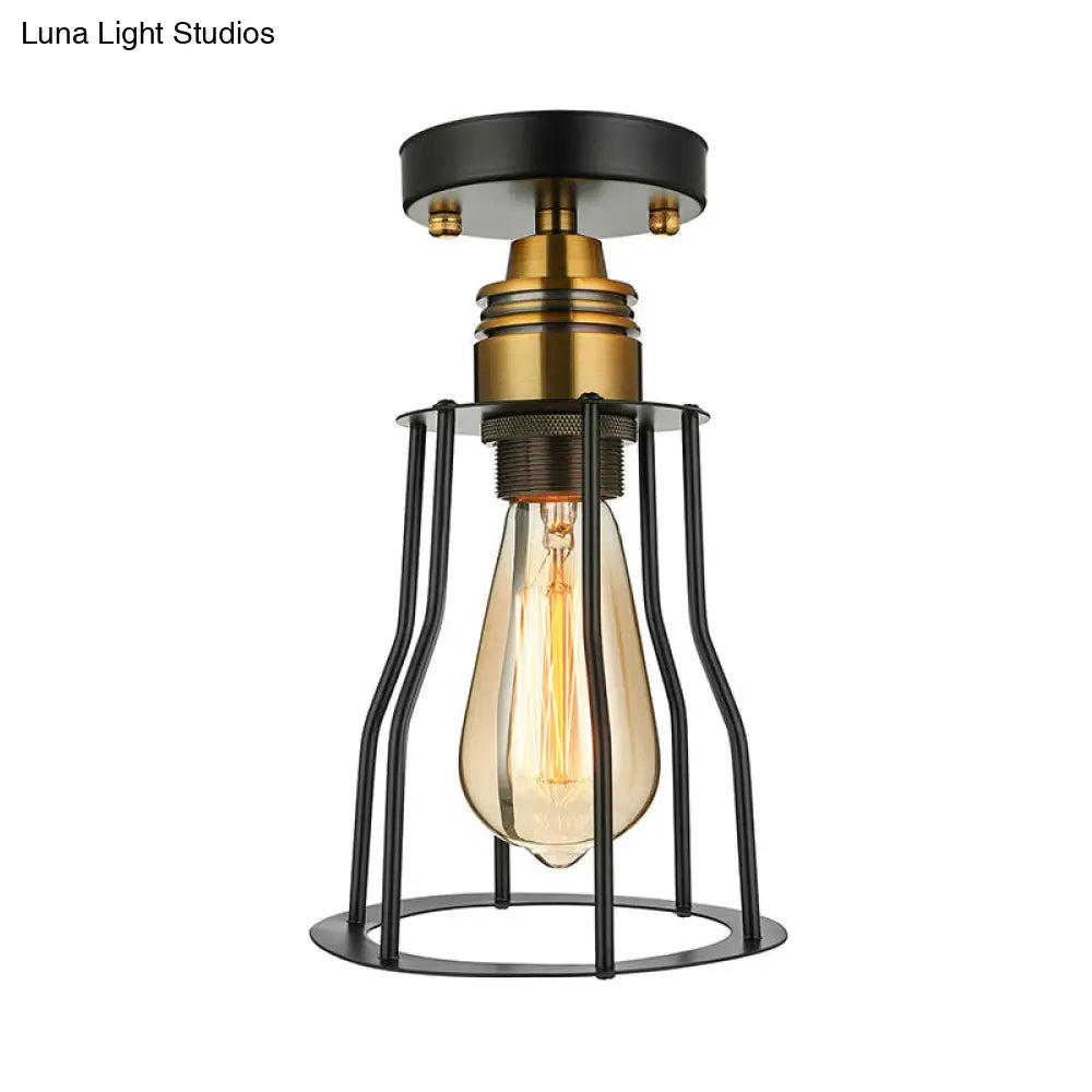 Industrial Style Wire Guard Ceiling Light - Metallic Semi Flush Brass/Antique Brass Hallway Lighting