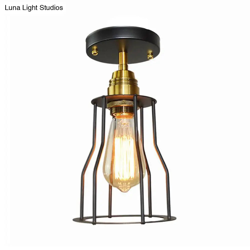 Industrial Style Wire Guard Ceiling Light - Metallic Semi Flush Brass/Antique Brass Hallway Lighting