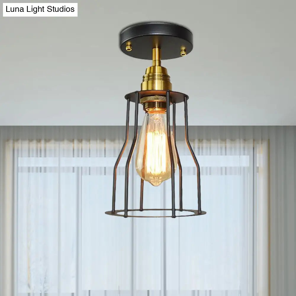 Industrial Style Wire Guard Ceiling Light - Metallic Semi Flush Brass/Antique Brass Hallway Lighting