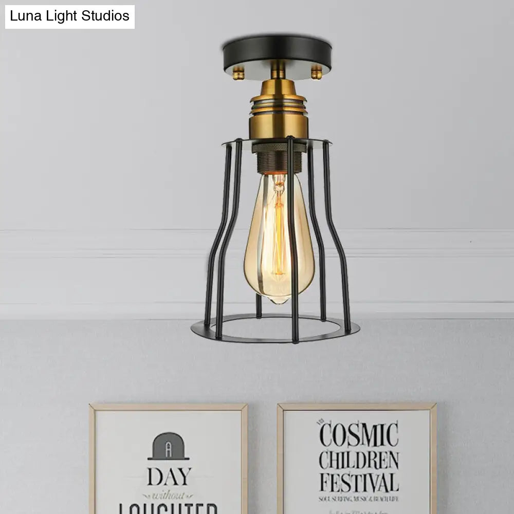 Industrial Style Wire Guard Ceiling Light - Metallic Semi Flush Brass/Antique Brass Hallway Lighting