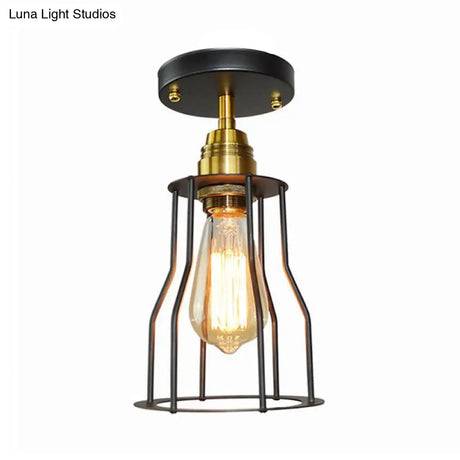 Industrial Style Wire Guard Ceiling Light - Metallic Semi Flush Brass/Antique Brass Hallway Lighting