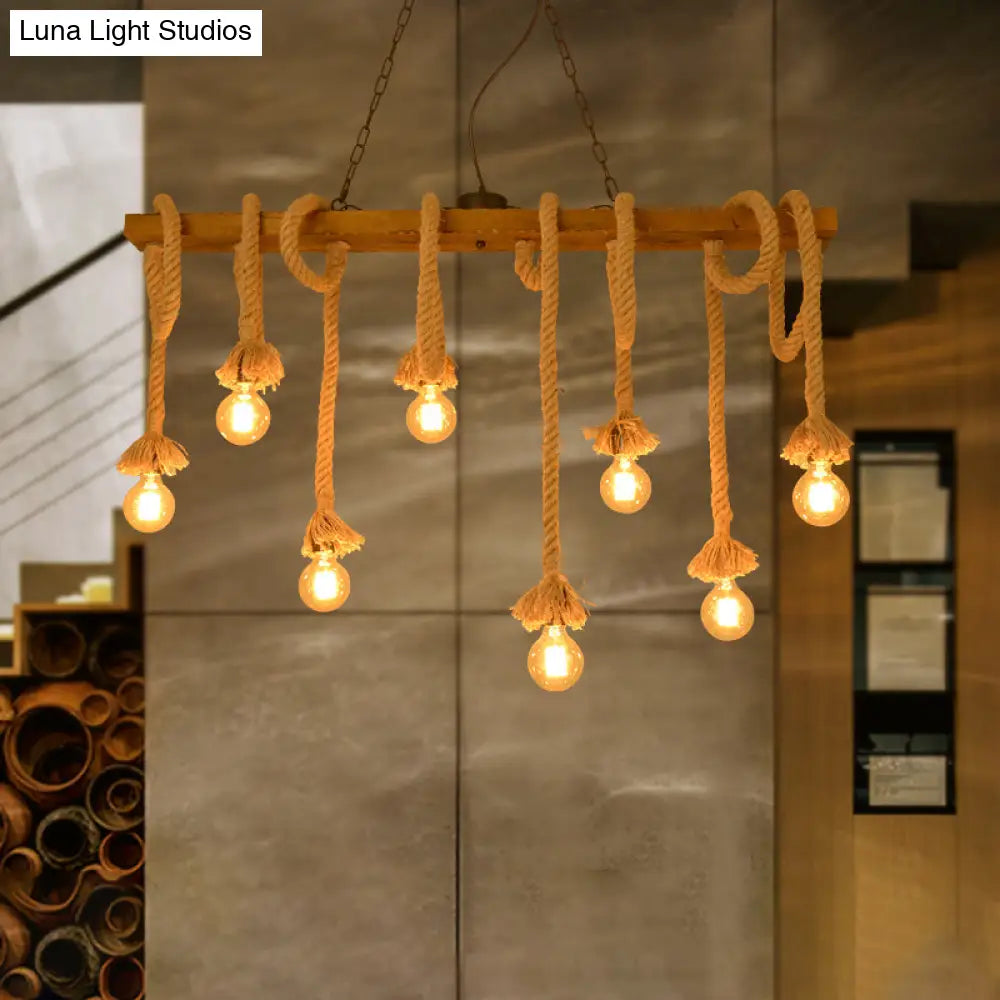 Industrial-Style Wood Beige Island Chandelier - 8-Light Linear Pendant Lamp For Dining Room