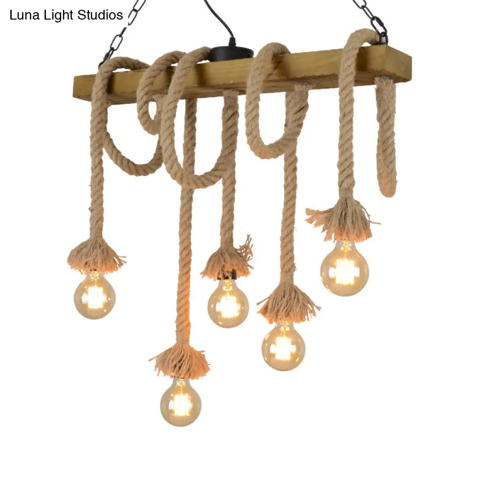 Industrial-Style Wood Beige Island Chandelier - 8-Light Linear Pendant Lamp For Dining Room