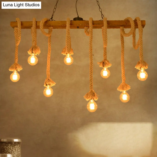 Industrial-Style Wood Beige Island Chandelier - 8-Light Linear Pendant Lamp For Dining Room